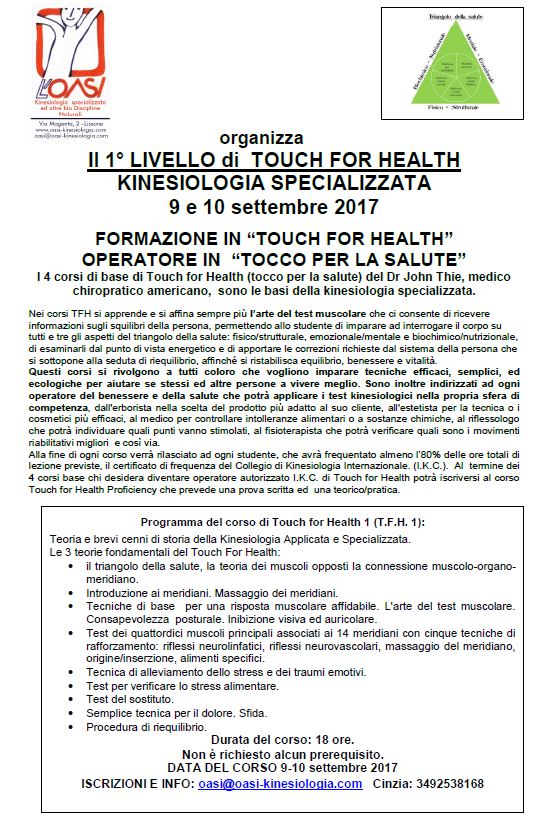 Kinesiologia specializzata Corso di primo livello Touch for Health